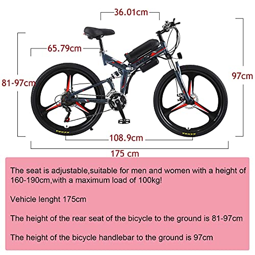 AKEZ 26'' Bicicleta Eléctrica Plegable para Adultos Hombres Mujeres Urbana Ebikes, Bici Electrica Montaña para Adultos Ebike con Batería Litio 36V 10Ah, Shimano 21 Velocidades (Gris)