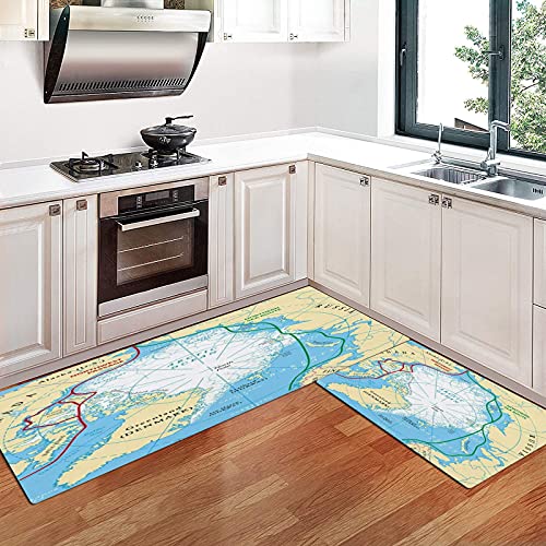 Alfombras Cocina Goma Alfombra de Baño Ducha 2PCS Círculo Océano Ártico Rutas Mapa Hielo Noroeste Educación Ruta Ciencia Pasaje del Norte Polar Noreste alfombras de Cocina Antideslizantes Lavables