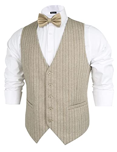 Alizeal Chaleco de traje de tweed para hombre de ajuste regular Chaleco de esmoquin, beige, M