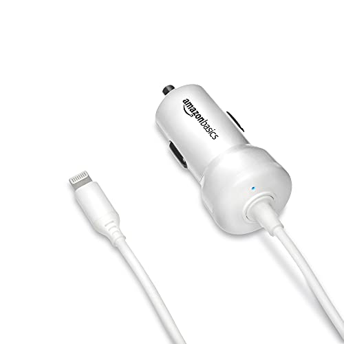 Amazon Basics - Cargador de coche con cable Lightning recto, de 5 V y 2,4 A, recto - Blanco