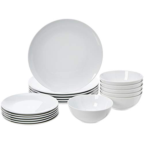 Amazon Basics - Vajilla de 18 piezas, Porcelana blanca lisa, 6 servicios