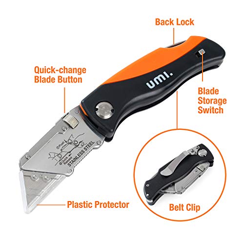 Amazon Brand - Umi Cutter Plegable, Cambio Rápido de 15 Hojas, Cuchillo Plegable de Bolsillo, Mecanismo de Bloqueo, con Almacenamiento de Hoja y Clip para Cinturón