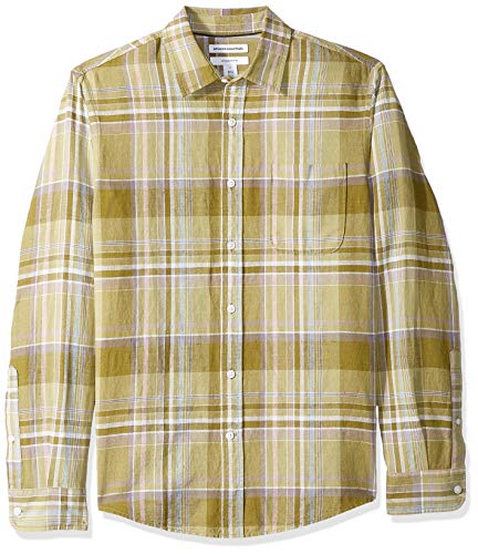 Amazon Essentials - Camisa de lino con manga larga, corte entallado y estampado para hombre, verde oliva (Olive Plaid), US M (EU M)