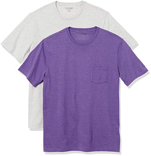 Amazon Essentials Pack de 2 Camisetas Ajustadas con Bolsillo y Cuello Redondo Fashion-t-Shirts, Morado/Gris Claro Mezcla, S