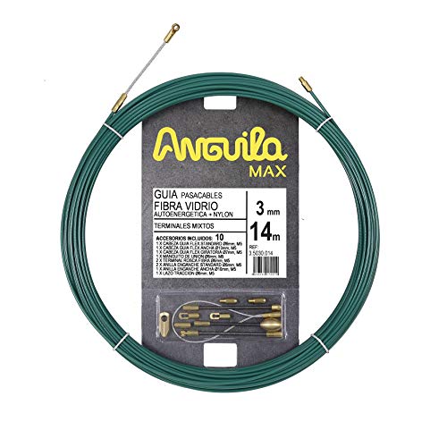 ANGUILA MAX - Guía pasacables Fibra de Vidrio Reforzada + Nylon, 14 m, Diámetro 3 mm, Terminales Mixtos, Verde.