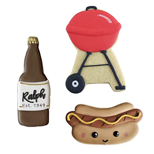 Ann Clark Cookie Cutters Juego de 3 cortadores de galletas para barbacoa con folleto de recetas, botella de cerveza/refresco, perrito caliente, parrilla para barbacoa