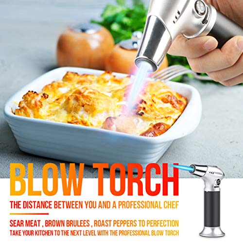 Antorcha de Cocina,Soplete de Cocina Profesional Antorcha Butano Encendedor Culinario Mini Soplete de Gas Recargable con Cerradura de Seguridad y Llama Ajustable para Brulée Crema, Cámping