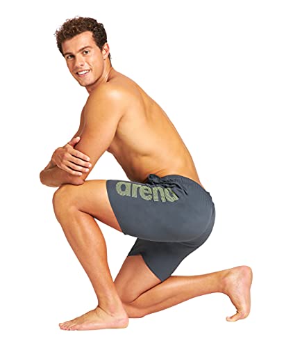 ARENA Fundamentals Logo Boxer Swim Trunks, Mens, Asphalt-Soft Green-White, M