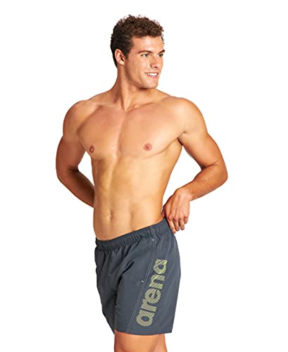 ARENA Fundamentals Logo Boxer Swim Trunks, Mens, Asphalt-Soft Green-White, M