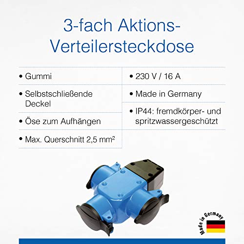 as - Schwabe - Toma de distribución de acción triple -Distribuidor de corriente de goma 230 V / 16 A con tapa abatible - Toma de distribución para exteriores y obras - IP44 - Hecho en Alemania