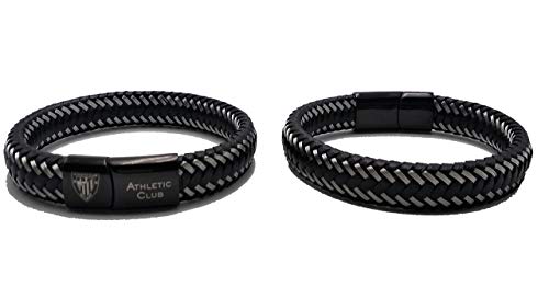 Athletic Club Bilbao Pulsera Oficial Piel Negra Trenza Doble con Detalles Plata y Cierre Negro, Grabado Escudo y Letras