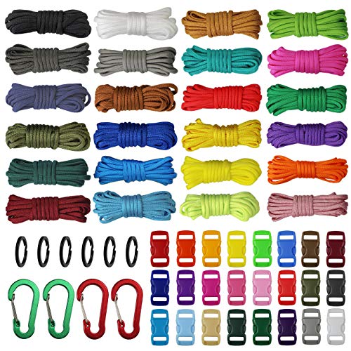 aufodara Kits de Paracord 240 pies 24 Colores Cuerda de Paracaídas con 24 Hebilla, 6 Anillo de Llavero y 4 Mosquetón para el Aire Libre, Camping, Trenzar Pulseras, Llavero y Collar Perro (B)