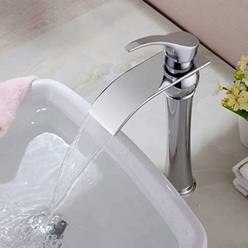 Auralum Grifo Lavabo Cascada Alto, Grifo Mezclador de Baño, Función de Ahorro de Agua, Grifería Monomando Alto Cromado de Baño Lavabo Mezclador para Baño