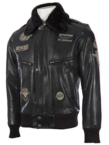 Aviatrix Hombre Bomber Pilot Flight Authentic Buffalo Leather Jacket (YBOB) Negro - L / 50 EU