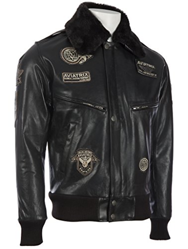 Aviatrix Hombre Bomber Pilot Flight Authentic Buffalo Leather Jacket (YBOB) Negro - L / 50 EU