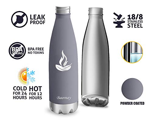 Baomay Botella Agua Acero Inoxidable Termo 750ml - Doble Aislamiento Frascos Termica para Niños, Bici Deporte, Gimnasio, Oficina | Reutilizable Botella Térmicos Frio Sin BPA (Gris)