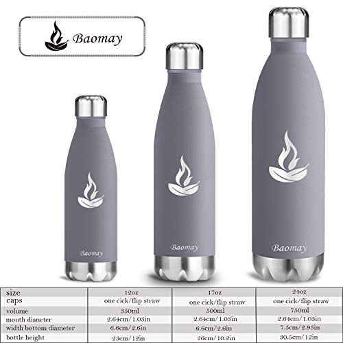 Baomay Botella Agua Acero Inoxidable Termo 750ml - Doble Aislamiento Frascos Termica para Niños, Bici Deporte, Gimnasio, Oficina | Reutilizable Botella Térmicos Frio Sin BPA (Gris)