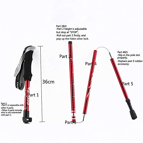 Bastónes de Senderismo,Bastón de Trekking Plegable de 7075 Aluminio Anti-Choque para Alpinismo Trail Viaje Mochilero (Rojo 1pcs)