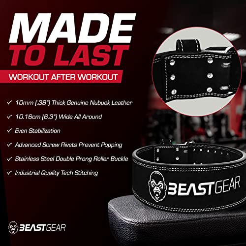 Beast Gear Cinturón Halterofilia – Cinturón Lumbar Powerlifting con Doble Hebilla – Cinturón Levantamiento de Peso de Piel Nobuck – 10 cm de Ancho y 10 mm de Grosor - L