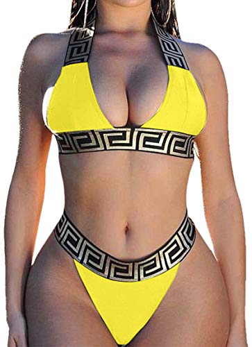 Bikini Push up Mujer Cuello Halter Top Brillante Braguita Triangulo Tanga de Cintura Alta Traje de Baño Dos Piezas