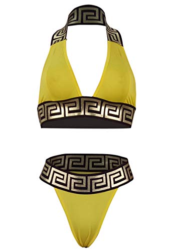 Bikini Push up Mujer Cuello Halter Top Brillante Braguita Triangulo Tanga de Cintura Alta Traje de Baño Dos Piezas