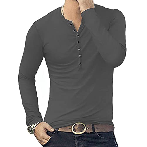 Binggong Camiseta de manga larga para hombre, cuello estrecho, color blanco, cómoda, gris, XXL