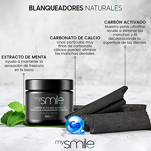 Blanqueador Dental Carbón Activado 200gr mysmile - Rico Bicarbonato de Sodio y Aceite de Menta, Carbón Activo de Coco 100% Natural y Vegano, Elimina Manchas Dentales, Polvo De Carbón Activo Dientes