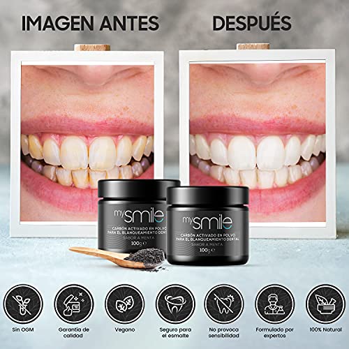 Blanqueador Dental Carbón Activado 200gr mysmile - Rico Bicarbonato de Sodio y Aceite de Menta, Carbón Activo de Coco 100% Natural y Vegano, Elimina Manchas Dentales, Polvo De Carbón Activo Dientes