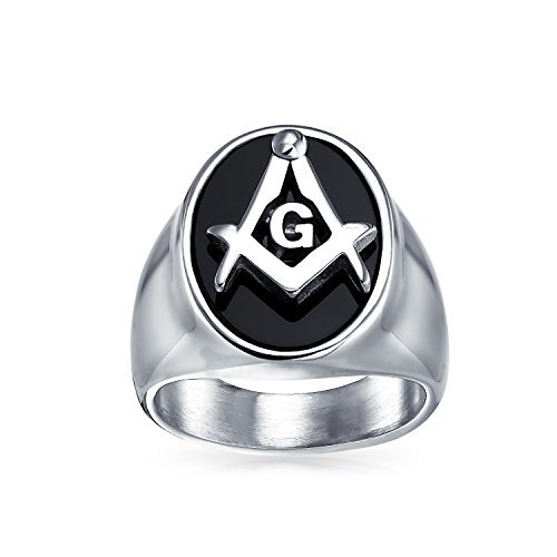 Bling Jewelry Sociedad Secreta Brújula Cuadrada Oval Negro Francmasón Signet Anillo Masónico para Hombres Tono Plateado Acero