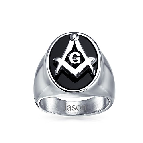 Bling Jewelry Sociedad Secreta Brújula Cuadrada Oval Negro Francmasón Signet Anillo Masónico para Hombres Tono Plateado Acero