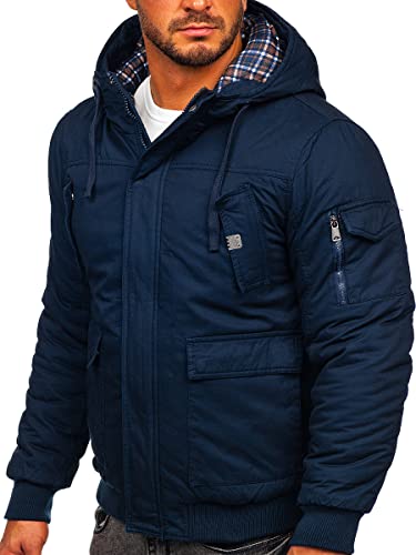 BOLF Hombre Chaqueta Parka De Invierno con Capucha Cierre de Cremallera y Botones Ropa de Abrigo Jacket Cazadora Plumas Ocio Deporte Fitness Estilo Deportivo 1890 Azul Oscuro XXL [4D4]