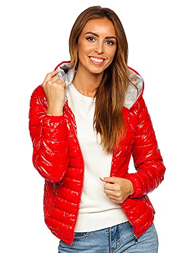 BOLF Mujer Chaqueta de Entretiempo con Capucha Cierre de Cremallera Cazadora Ropa de Abrigo Plumas Transirable Cortavientos Jacket Outdoor Ocio Estilo Diario 9752 Rojo XL [D4D]