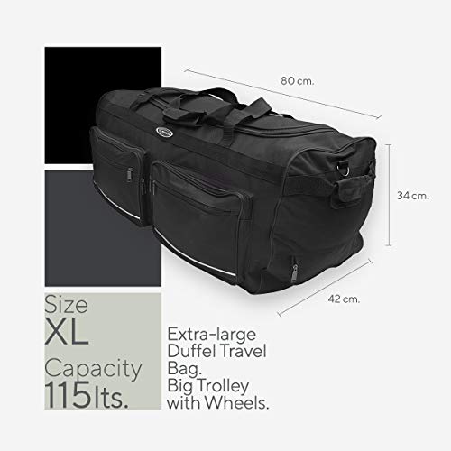 Bolsa de Viaje Blanda Deportes Maleta Trolley Grande con Ruedas. Talla L-100L, XL-115L, XXL-150L, XXXL-200L. Negro y Azul (Negro, 115L)