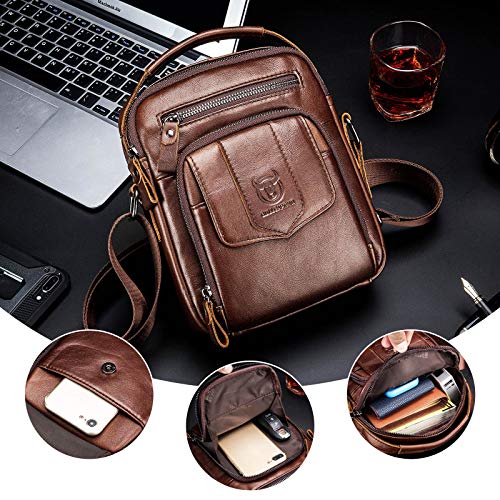 Bolso Bandolera Hombre Cuero Pequeño Bolso de Mano Bolsa de Mensajero Piel Bolsa Cruzada Vintage Crossbody del Negocios Trabajo Casual,Cafe