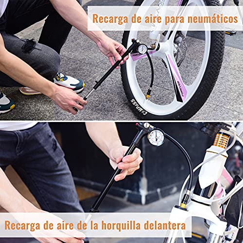 Bomba Horquilla Bicicleta, [300PSI] [ Sin Pérdida de Aire] Diyife Bomba para Suspension Bicicleta, Bomba de Choque de Bicicleta de aleación con Manómetro, Bomba de Shock para MTD Bici,Sillas de Ruedas