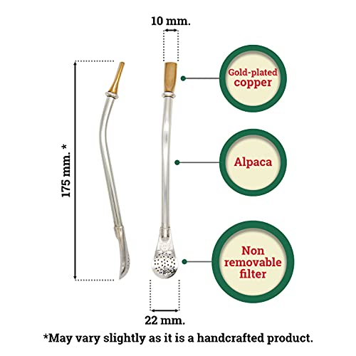 Bombilla Artesanal fabricada en Alpaca para beber yerba mate, con boca de Cobre bañada en Oro y fabricada en Argentina