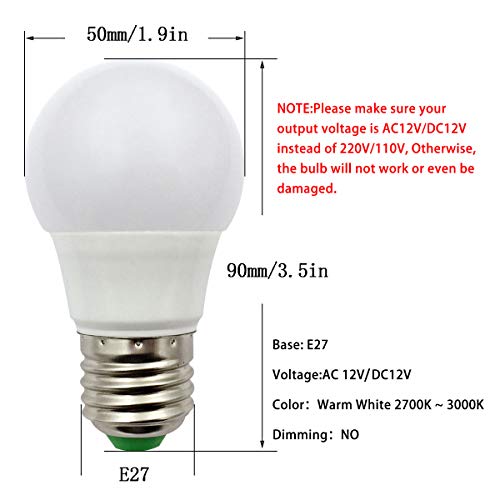 Bombilla LED E27 12V CA/CC 3W (A50 30W Halógenas), Bajo Voltaje Edison en Bombillas Blanco Cálido para Iluminación Rejilla Solar, RV Barco, Iluminación Interior, Paquete de 3 unidades