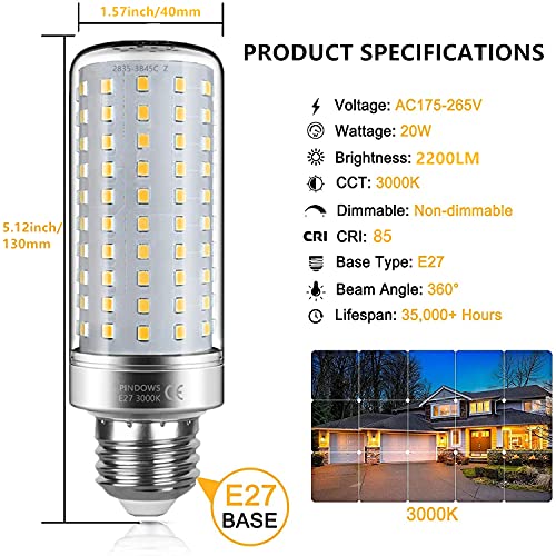 Bombilla LED E27 20W Blanco Cálido 3000k,LED Maíz Bombilla,200W Bombilla Incandescente Equivalente,2200LM Reemplazar 150W~200W Lámpara Halógena,Alto Brillo CRI 85,No Regulable,Paquete de 3