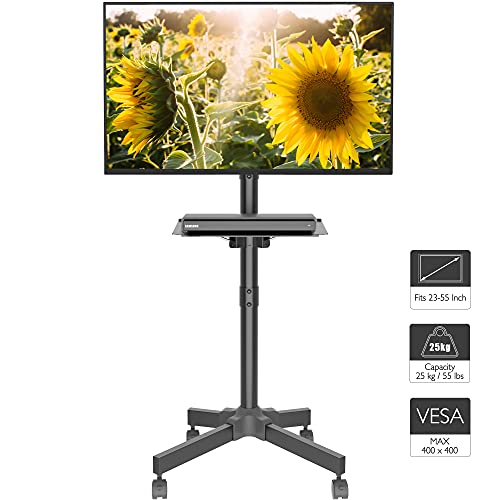 BONTEC Soporte TV Ruedas Soporte TV Móvil para Televisor de Plasma/LCD/LED de 23 a 55 Pulgadas, Soporte TV con Estante para Portátil, Altura Ajustable con Ruedas de hasta 25 kg, Máx. VESA 400 x 400 mm