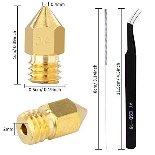 Boquilla Impresora 3D Extrusoras MK8 Boquillas de Latón 0.4 mm con Aguja de Limpieza y Pinzas Compatible para Makerbot Creality CR-10 Ender 3 5 22 Piezas