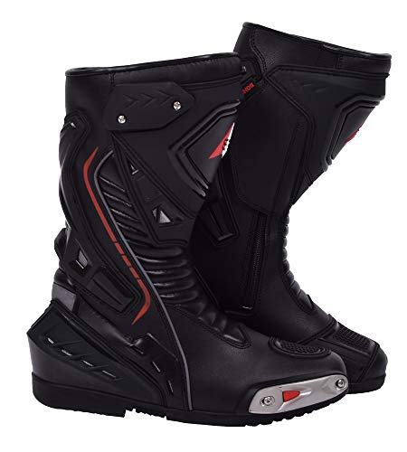 Botas de moto Hombre, botas de cuero deportivas, impermeables, de cuero, protectores rígidos integrados estables, con protección de tobillo, negro - 45