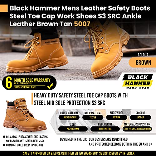 Botas de Seguridad para Hombre con Puntera de Acero Zapatos de Trabajo S3 SRC Tobillo de Cuero marrón Tan 5007 Black Hammer (44 EU)