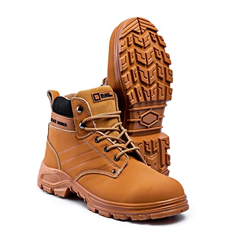 Botas de Seguridad para Hombre con Puntera de Acero Zapatos de Trabajo S3 SRC Tobillo de Cuero marrón Tan 5007 Black Hammer (44 EU)