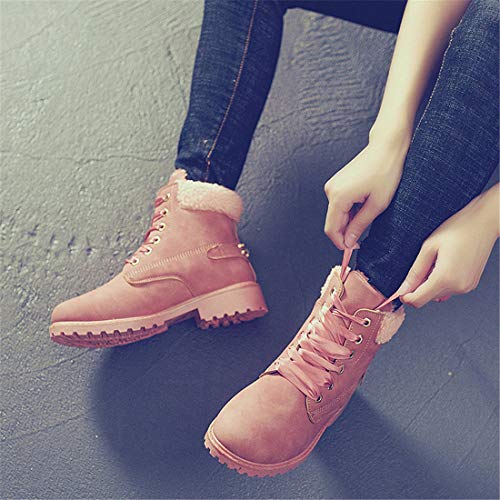 Botas Nieve Mujer Otoño Invierno Calentar Piel Forro Botines Retro Snow Boots Cordones Zapatillas Planas Rosa 38