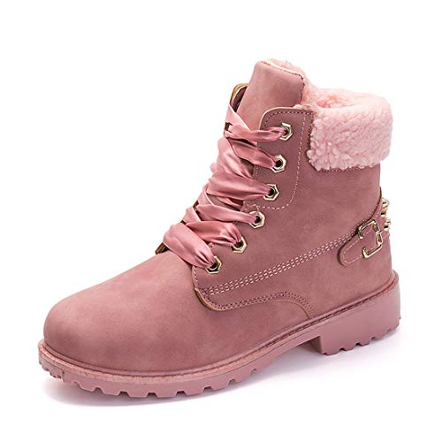 Botas Nieve Mujer Otoño Invierno Calentar Piel Forro Botines Retro Snow Boots Cordones Zapatillas Planas Rosa 38