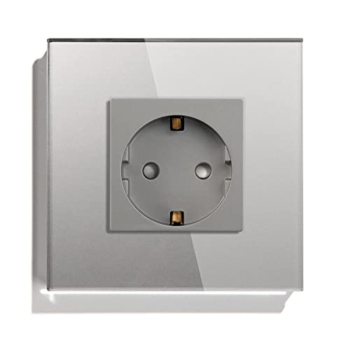 BSEED Enchufe de pared,Schuko Enchufe Simple con Panel de cristal Gris,16A 250V toma de corriente,enchufes de extensión para Cocina, Dormitorio, Oficina, Hotel, etc