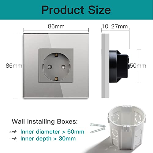 BSEED Zócalo Schuko 1 Vías Zócalo de Pared Simple Estándar de La Ue Placa de Cristal 16Amp 250V Zócalos Incrustar en la pared Fácil instalación 86mm Gris