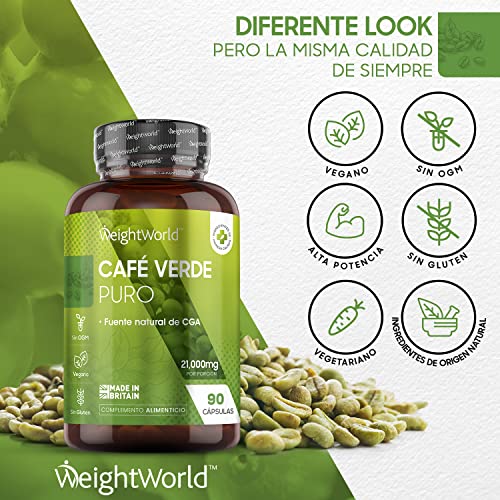 Café Verde Puro, Potente Fórmula 21000mg 90 Cápsulas Vegano - Suplemento Dietético Green Coffee 100% Natural, Fuente de Cafeína Pura, Vitamina B, Magnesio, Potasio, Manganeso Y Niacina, Dieta Keto