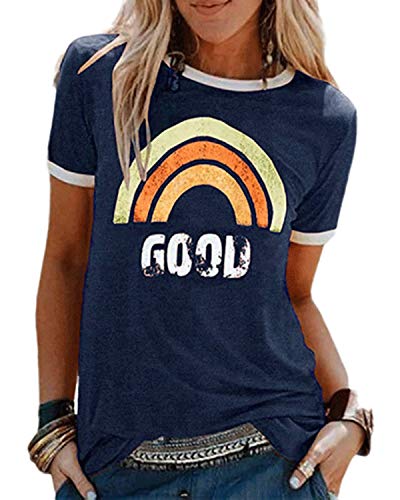 Camiseta Mujer Manga Corta Cuello Redondo algodón Estampada de Arco Iris Letras Good Camisa Blusa Suelto Top Verano Casual