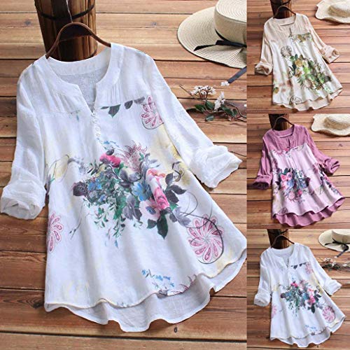 Camisetas Mujer Manga Larga SHOBDW 2019 Nuevo Cuello en V Tops de Túnica Blusas Suelto Estampado Floral Pullover Sexy Casual Verano Camisetas Mujer Tallas Grandes M-5XL(Beige,4XL)